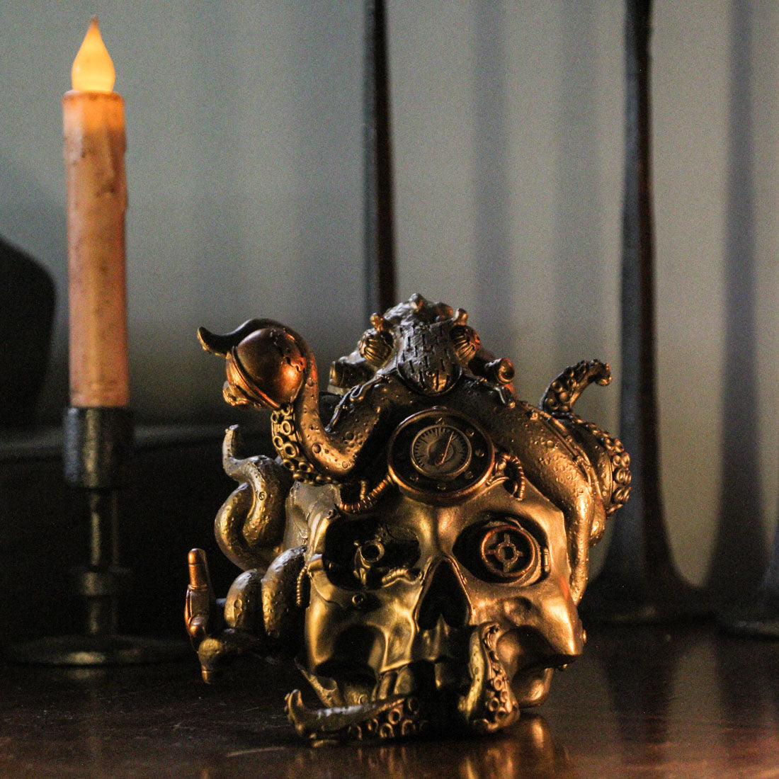 Abyssal Bones Steampunk Mechanical Octopus On Skull Statue